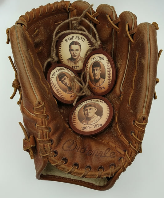 Vintage Baseball Legends Ornament Set — Babe Ruth, Ty Cobb, Lou Gehrig & Mathewson