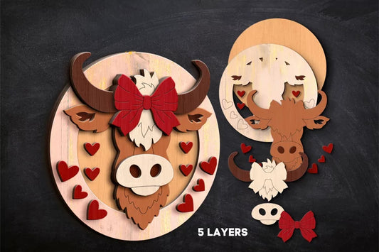 Highland Cow Valentine Layered Wood Sign – 5-Layer 3D Design diy kit
